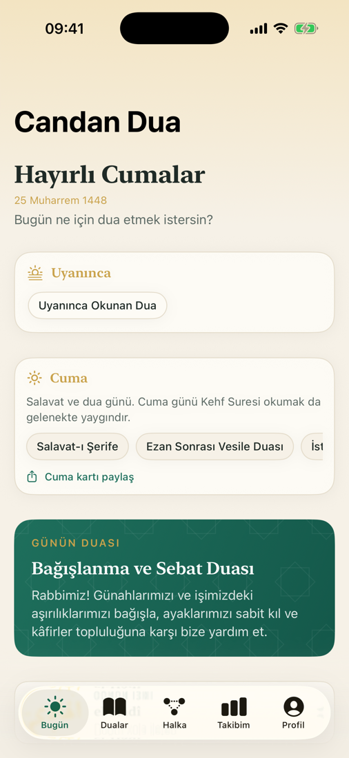 Candan Dua — Bugün ekranı: günün duası ve vakit akışı
